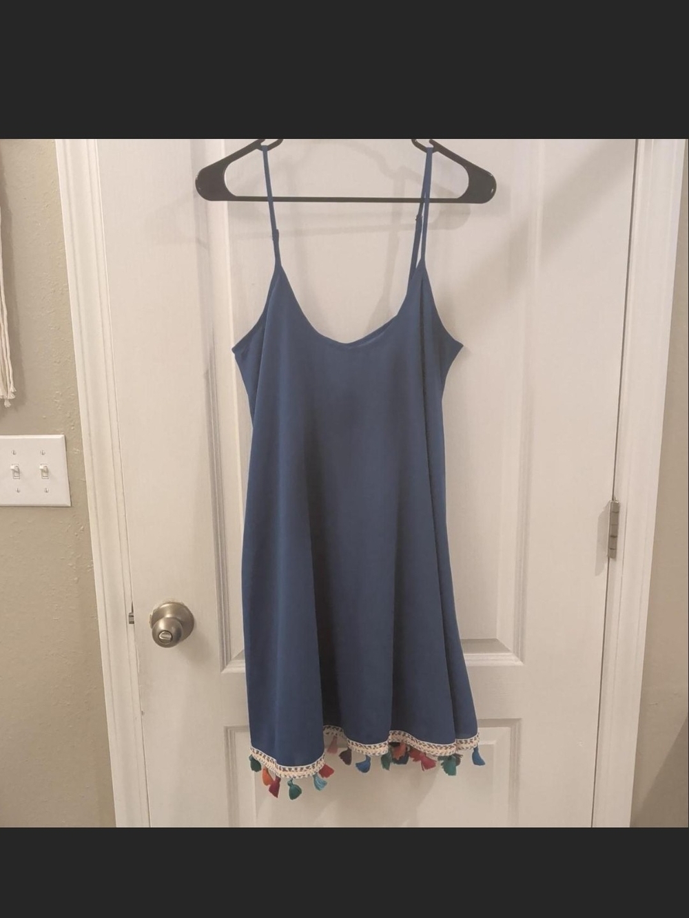 Judith March Blue Spaghetti-Strap Dress with Multicolor Tassel Trim Size Large